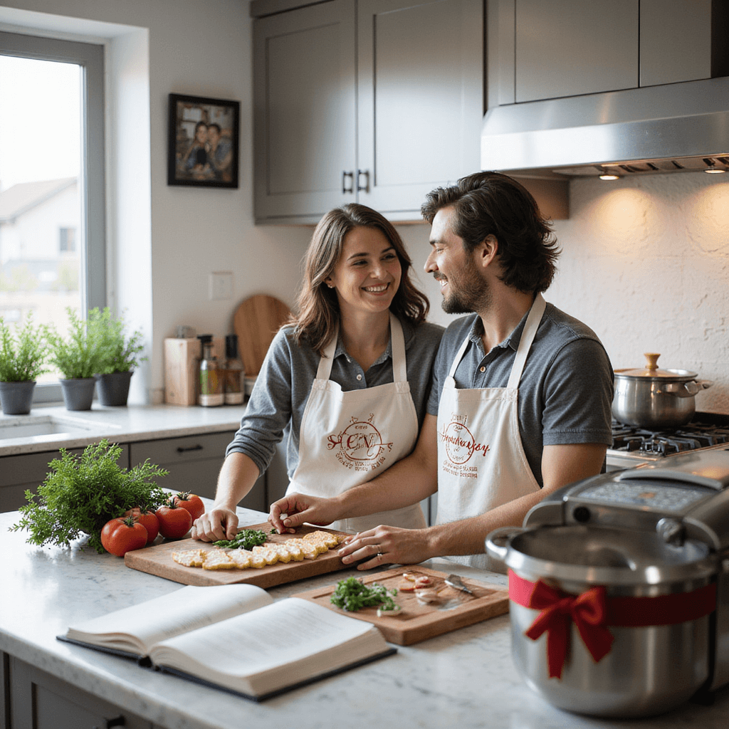 A bright modern kitchen with stainless steel and marble surfaces, featuring a laughing couple in matching aprons during a cooking class. Fresh ingredients are on a monogrammed cutting board, a red-bowed espresso machine nearby, and recipe cards and a 'First Anniversary Cookbook' on the island. Herb planters are on the windowsill, and a digital photo frame displays the couple's memories from their first year together.