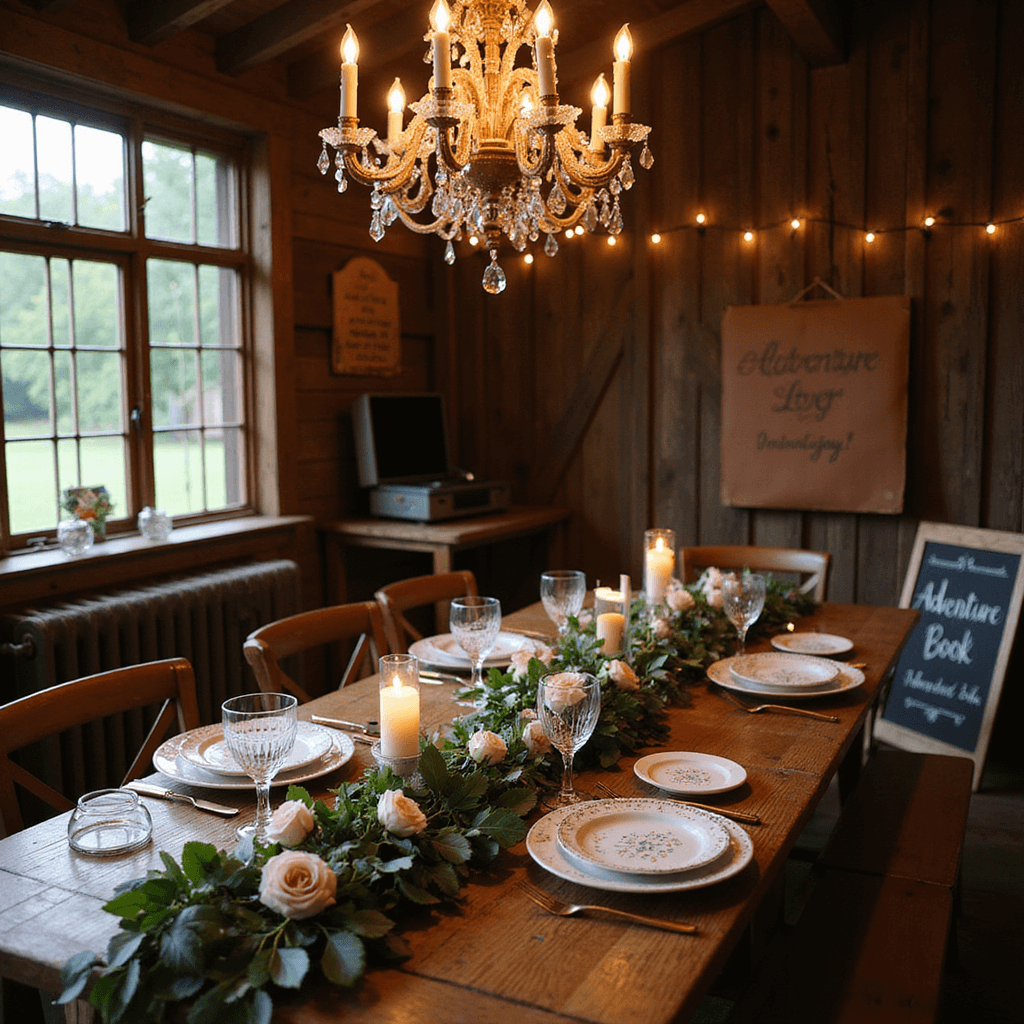 A romantic candlelit corner in a rustic barn featuring a reclaimed wood table set with vintage china and crystal goblets, adorned with a lush greenery runner and blush roses. A paper chandelier illuminates the scene, accompanied by a leather-bound 'Adventure Book' and fairy lights in mason jars. A chalkboard easel displays a hand-lettered love quote, with soft music playing from a retro record player.