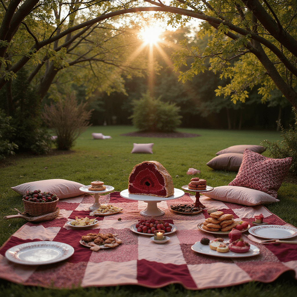 A whimsical ruby anniversary picnic in a lush garden during golden hour, featuring a patchwork quilt in burgundy and blush, cushions, low tables, and a centerpiece of a ruby-red geode cake with jewel-toned macarons and chocolate-dipped strawberries, all illuminated by fairy lights in the trees.