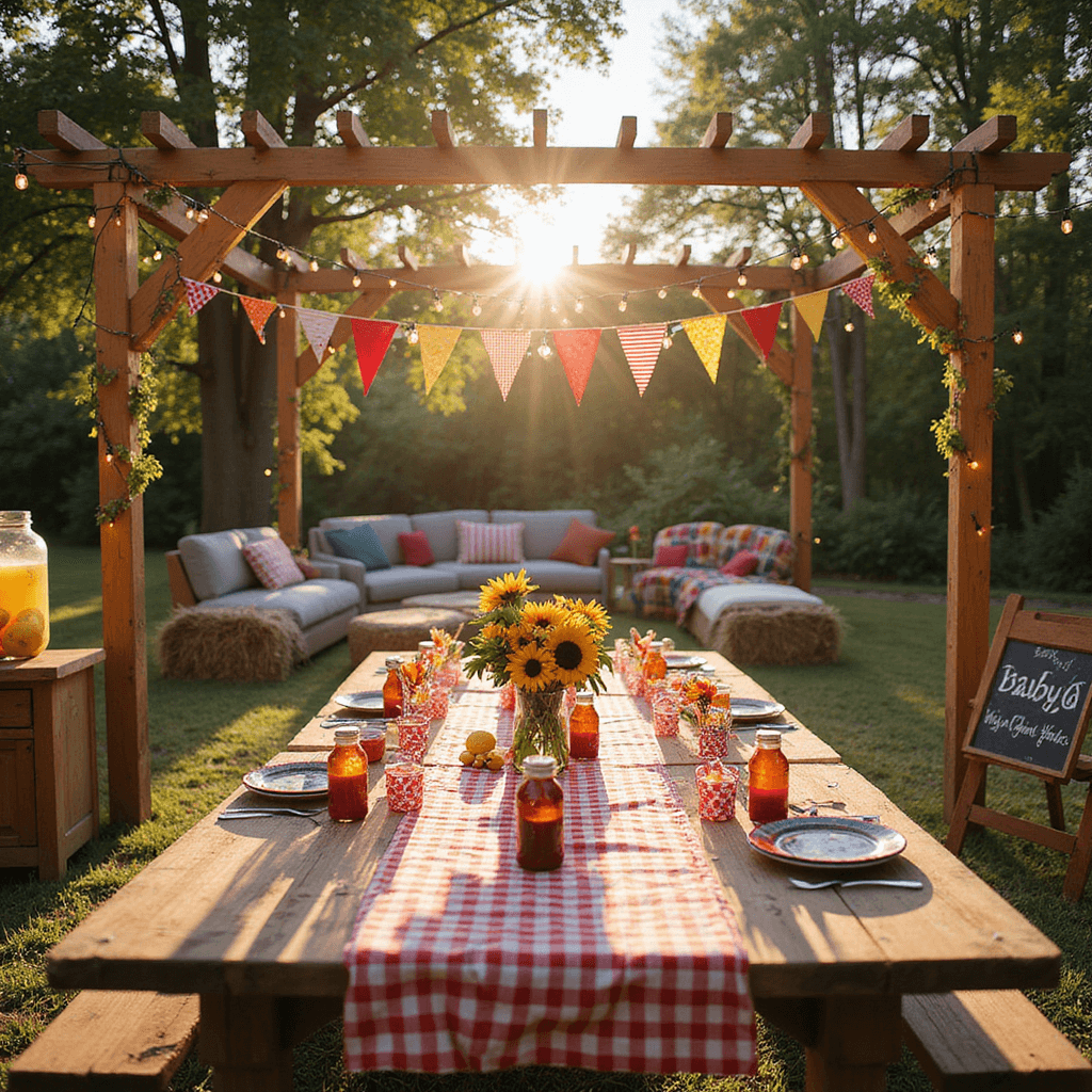 A sunlit backyard transformed for a 'Baby-Q' celebration, featuring a rustic pergola draped in fairy lights, a long farmhouse table with red and white checkered linens and sunflower centerpieces, a vintage lemonade stand, and casual seating with hay bale sofas and colorful quilts, all illuminated by overhead market lights and golden hour sun.