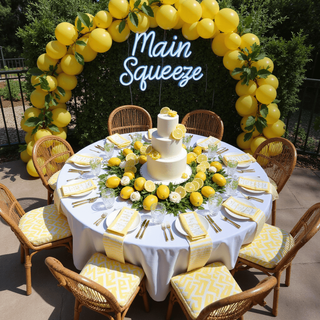 Overhead view of a lemon-themed baby shower on a sunny patio featuring a circular table with a white linen, rattan chairs with lemon-print cushions, an ombre runner made of fresh lemons, and a three-tiered white cake with candied lemon slices, complemented by a neon 'Main Squeeze' sign and yellow balloons.