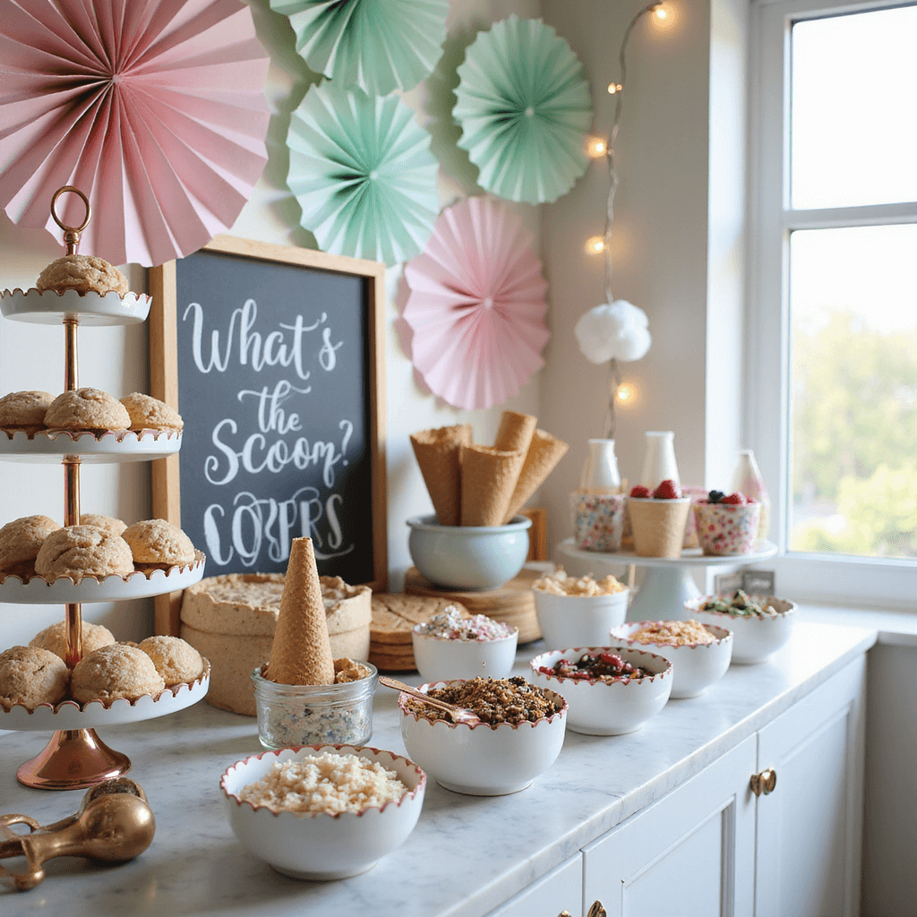 Close-up detail of an elegant 'Ice Cream Social' dessert station with pastel hues, featuring glass bowls of sprinkles and toppings on a marble countertop, vintage ice cream scoops, scalloped paper cups, homemade waffle cones on a tiered stand, a whimsical 'What's the Scoop?' sign, and delicate paper fans, all illuminated by natural light.
