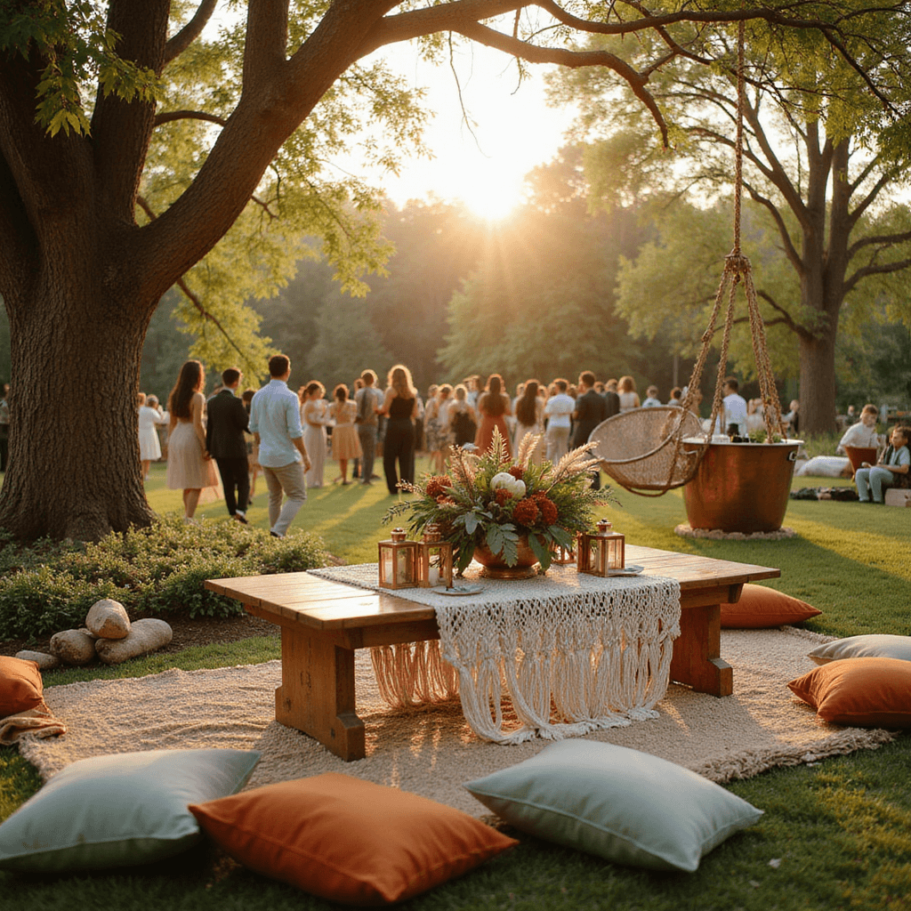 A serene summer baby shower in a lush garden at golden hour, featuring a boho-inspired low table with plush floor cushions, adorned with a macramé runner and centerpieces of pampas grass. Guests enjoy refreshments from a copper bathtub drink station, while hanging rattan chairs sway gently among the trees, all illuminated by warm sunset light.