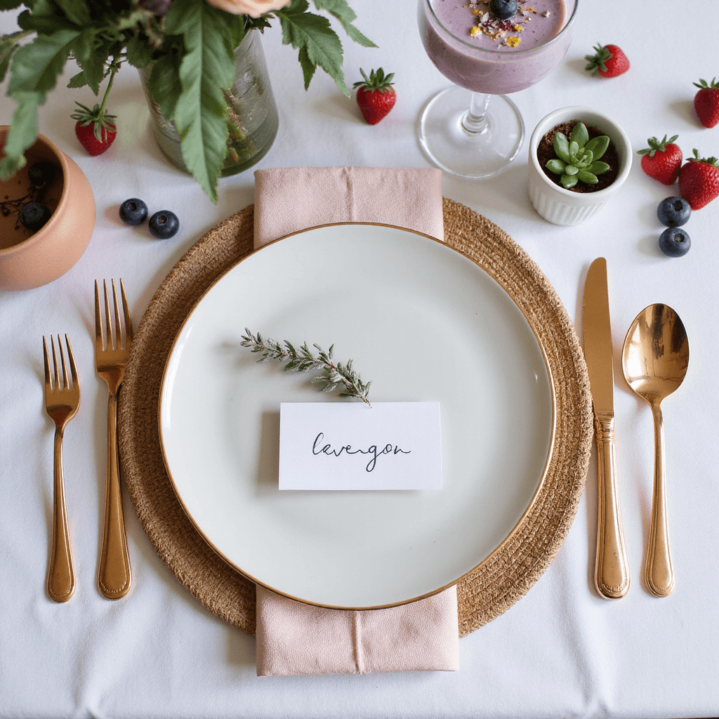 Flat lay of an elegantly styled summer baby shower brunch place setting featuring a rattan charger, blush pink linen napkin, gold-rimmed ceramic plate, rose gold cutlery on lavender, hand-lettered place card, mini potted succulent, fresh berries, floral centerpiece, and a champagne flute with a pastel purple smoothie and edible flowers, all highlighted by soft natural light.