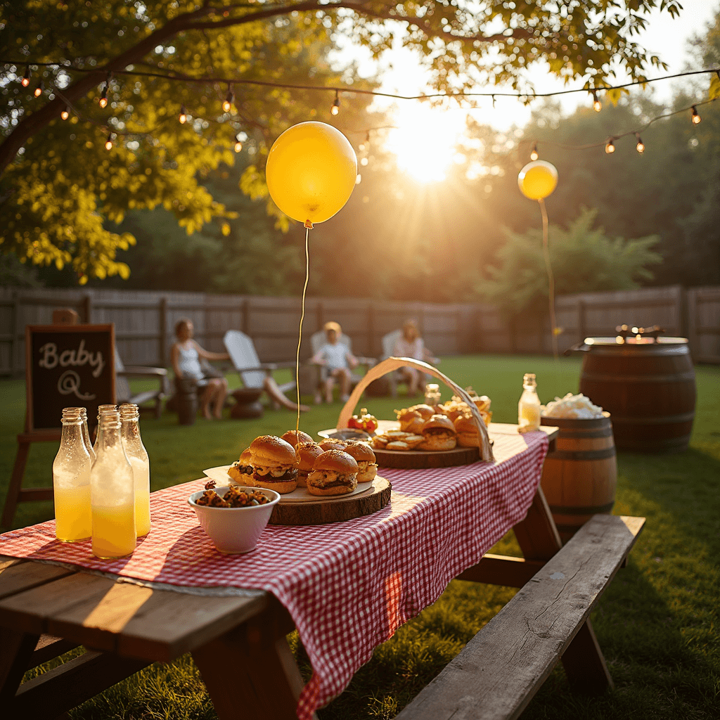 A sunlit backyard featuring a rustic picnic table with a red gingham tablecloth, filled with grilled sliders and corn on the cob, under soft fairy lights. A vintage barrel holds bottles of homemade lemonade, while chicken-shaped balloons float nearby and a chalkboard sign reads 'Baby-Q'. Guests enjoy the atmosphere in Adirondack chairs as laughter and the sound of grilling fill the air.