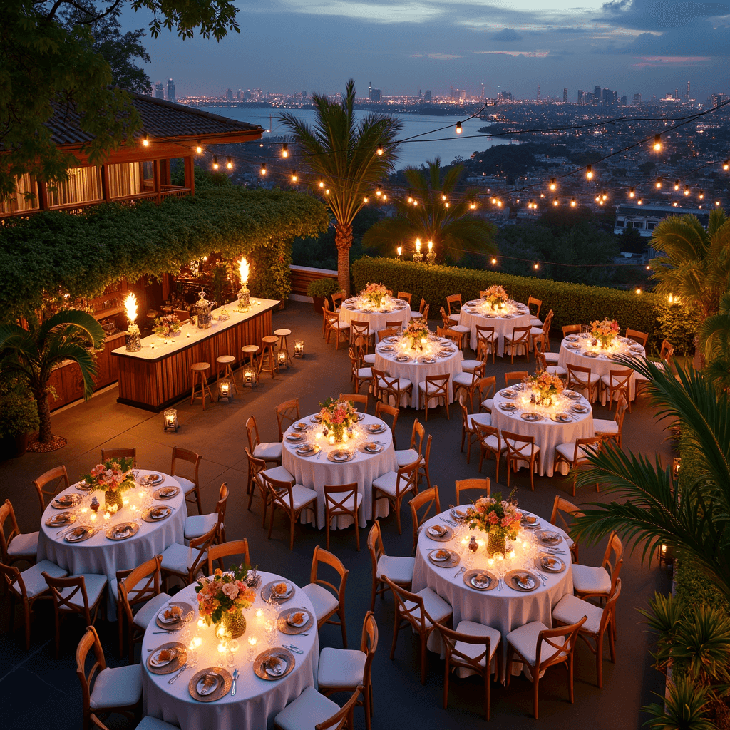 An elegant rooftop terrace at twilight styled as a Tropical Paradise Extravaganza, featuring circular tables with white linens and vibrant tropical centerpieces, tiki torches illuminating the space, a bamboo bar with fruit-garnished mocktails, whimsical palm leaf place settings, and string lights overhead against a backdrop of twinkling city lights.