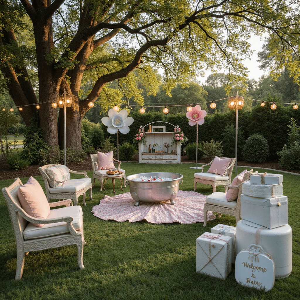 A vibrant summer baby shower set in a lush garden, featuring picnic blankets, wrought-iron bistro seating, a vintage clawfoot tub as a hydration station, oversized pastel paper flowers, and string lights hanging from trees, with a gift table displaying a 'Welcome Baby' moss letter sign in the foreground.