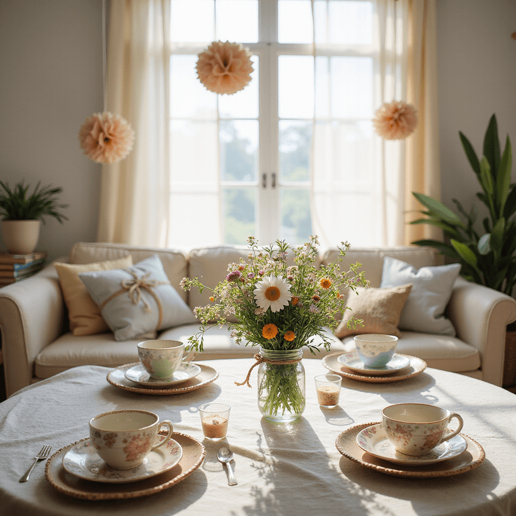 A cozy living room baby shower setup featuring mismatched pastel teacups, a wildflower centerpiece in a mason jar, DIY tissue paper pom-poms, a stack of children's books as a guest book, and handmade favor bags in a woven basket, all illuminated by soft sunlight.