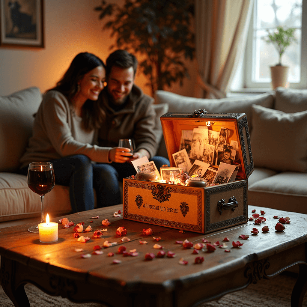 A cozy living room with a couple on a cream sofa, exploring an open 'Memory Explosion Box' on a rustic wood coffee table, surrounded by rose petals, flickering candles, and glasses of red wine, all bathed in soft evening light.