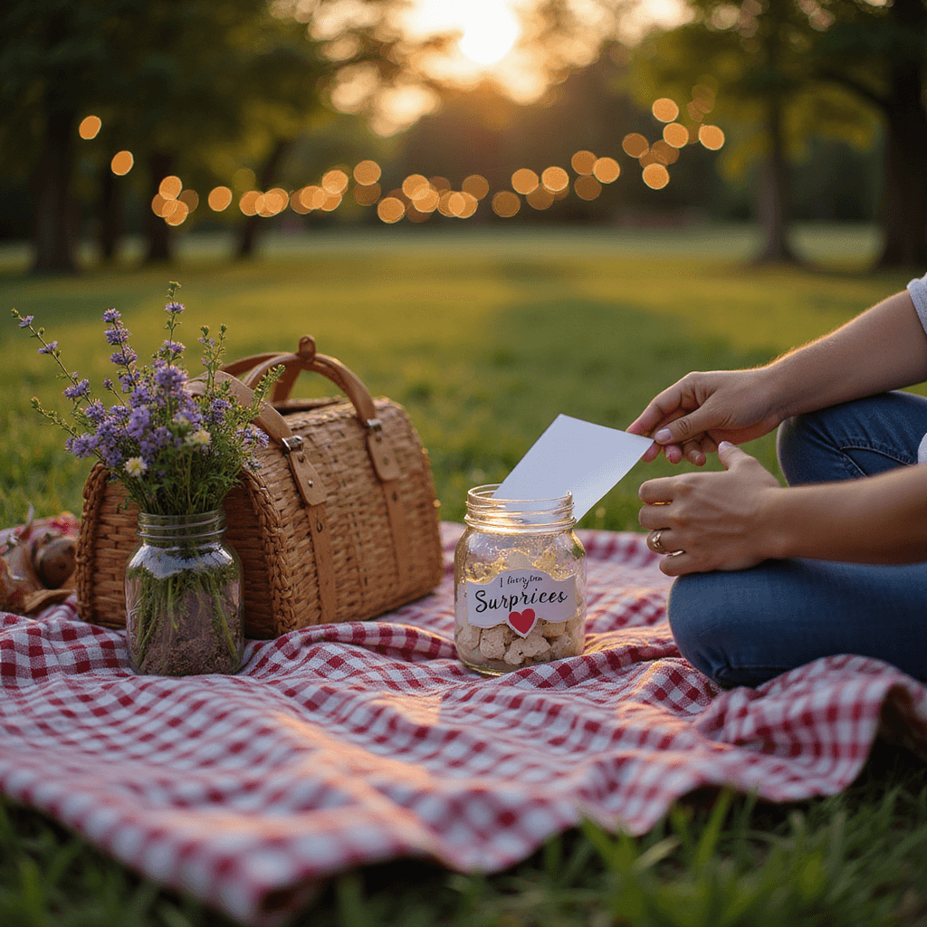 An intimate outdoor picnic at golden hour features a checkered blanket on lush grass, a wicker basket, wildflowers in a mason jar, and a decorative 'I Love You' Jar of Surprises. Soft fairy lights adorn the background trees, while a couple's hands are seen reaching into the jar to retrieve a folded note.
