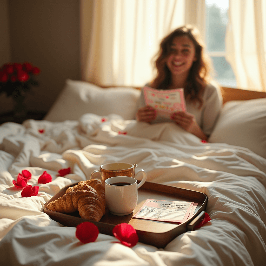 A bright, serene bedroom filled with morning light features a rumpled white duvet adorned with rose petals. A tray holds a steaming mug of coffee and croissants, while a surprised partner sits up, smiling as she examines colorful handmade 'Love Coupons'. Sheer curtains billow softly, enhancing the romantic ambiance.
