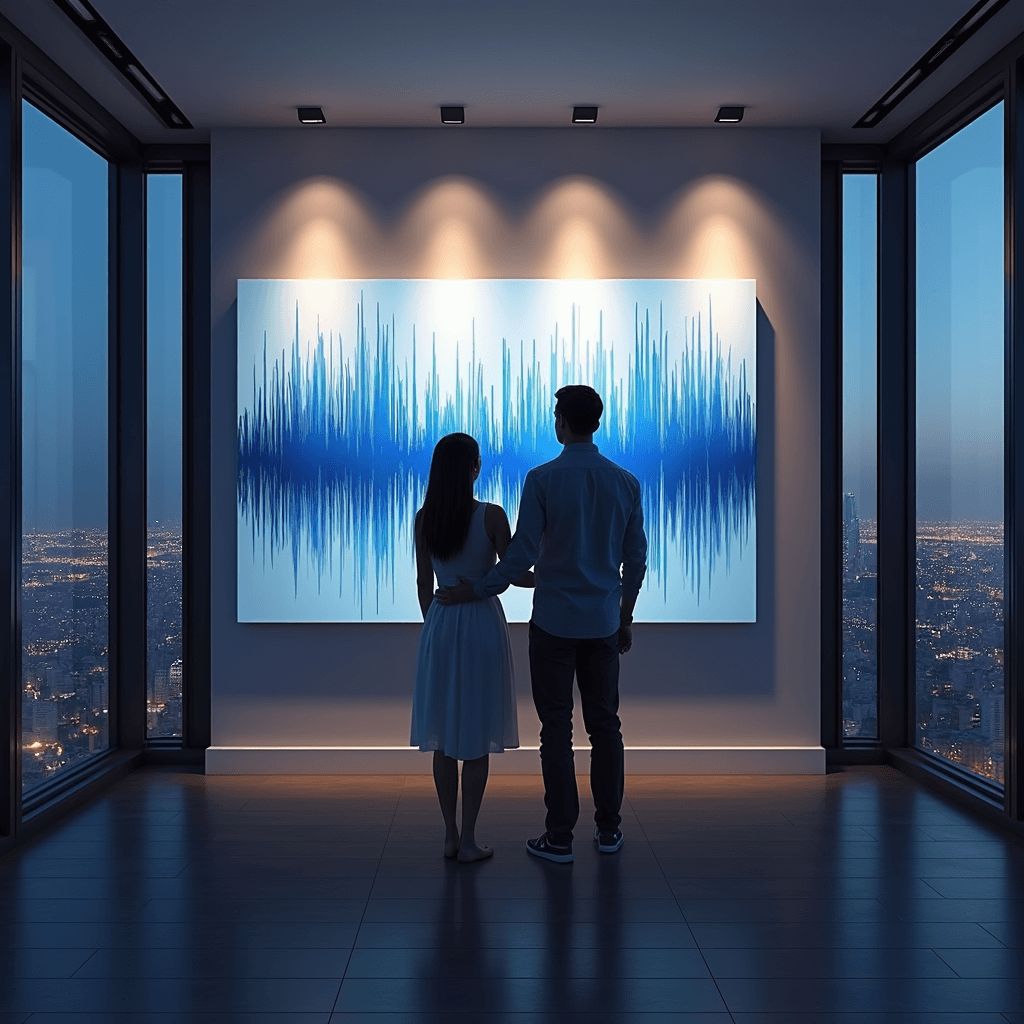 A minimalist living room with floor-to-ceiling windows showing a cityscape at twilight, featuring a large blue soundwave canvas illuminated by spotlights, with a couple admiring the artwork in silhouette against the twinkling city lights.