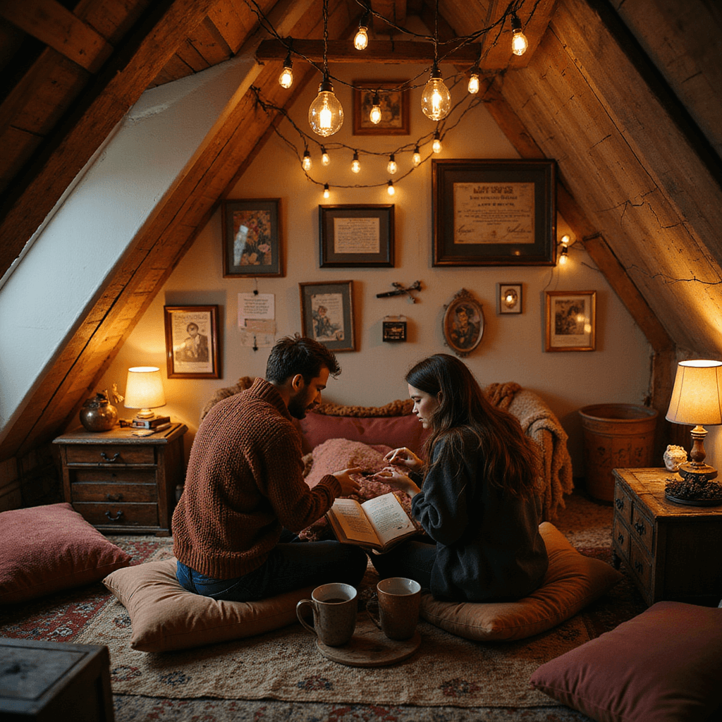 A cozy attic nook transformed into a personal museum of love, featuring fairy lights and vintage lamps illuminating displays of memorabilia like ticket stubs and pressed flowers. A couple sits on floor cushions, reading from an ornate leather-bound 'Handcrafted Memory Book', surrounded by velvet pillows, a soft knit throw, and a weathered side table with two steaming mugs of tea.