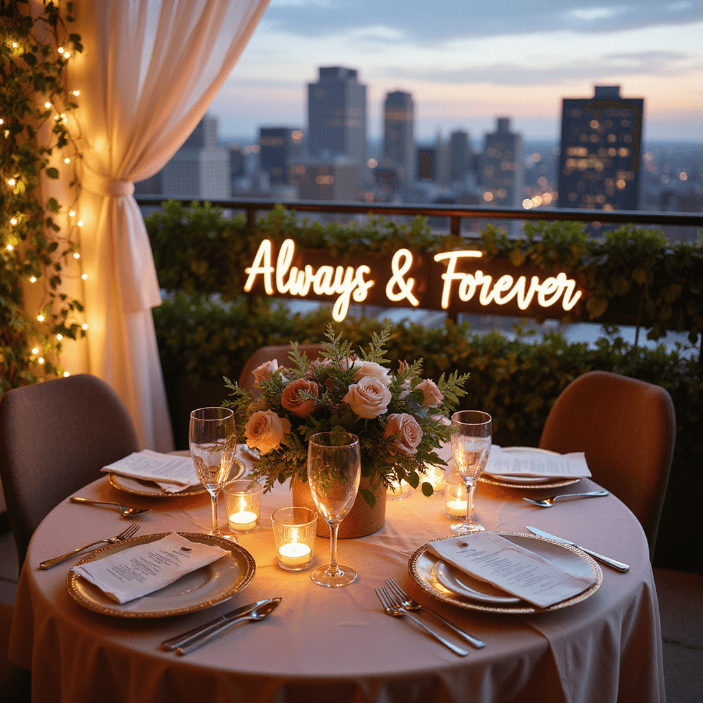 Intimate anniversary dinner on a rooftop terrace at golden hour, featuring a round table with blush silk linens, a lush centerpiece of garden roses and eucalyptus, twinkling fairy lights, scattered candles, gold-rimmed plates, crystal stemware, personalized menu cards, and a neon sign reading 'Always & Forever', with a cityscape in the background.