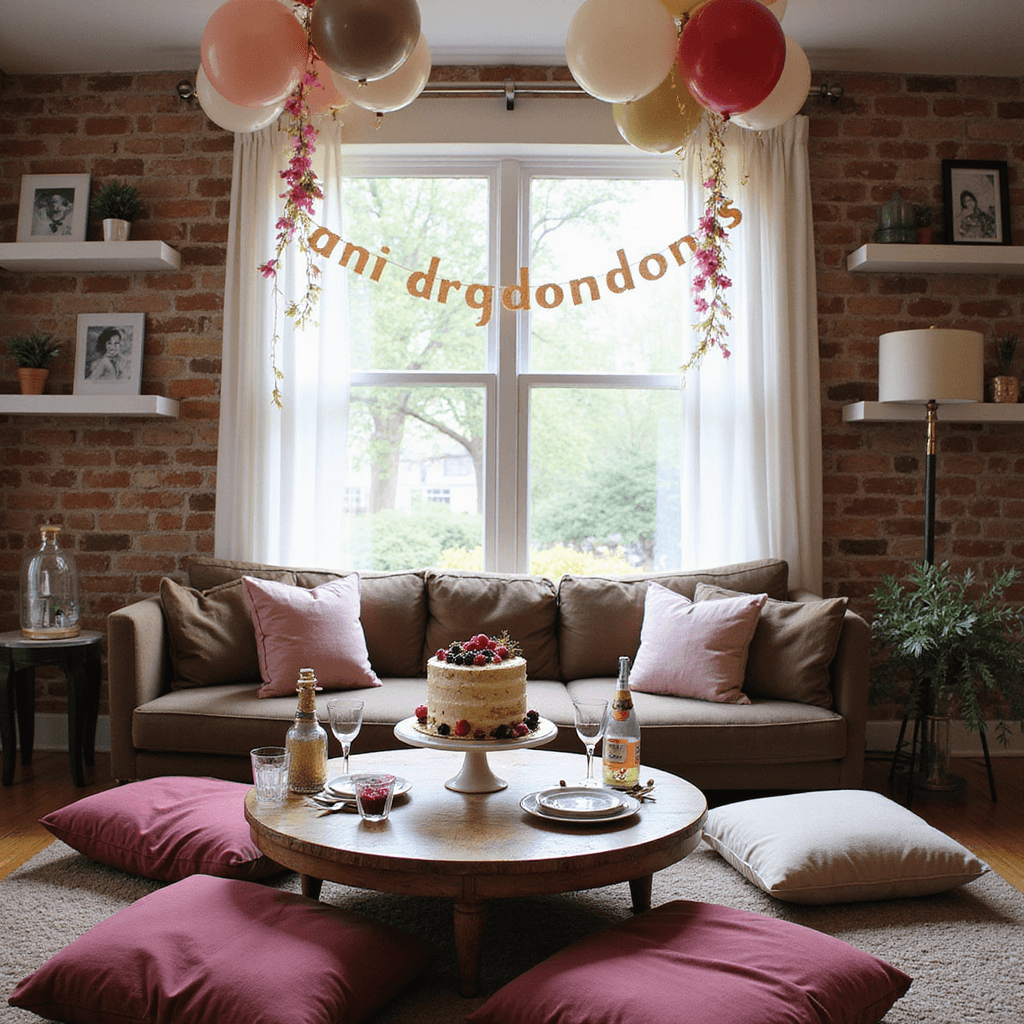 A cozy living room set up for a surprise birthday party, featuring a low table with a tiered naked cake and champagne tower, surrounded by plush floor cushions in jewel tones, with pastel balloon garlands and a 'Happy Birthday' banner on an exposed brick wall.