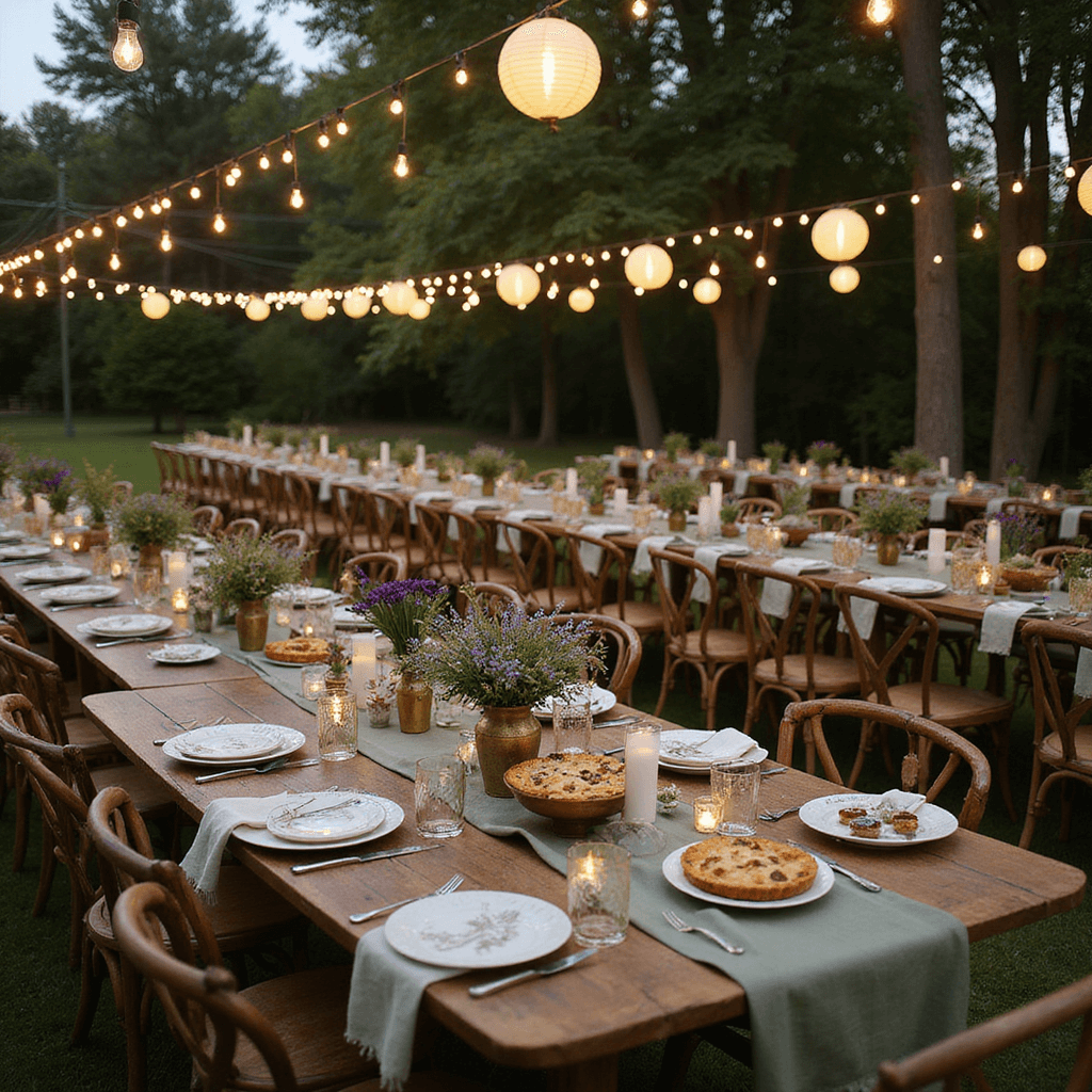 An enchanting garden party at dusk featuring long wooden tables with mismatched vintage chairs, illuminated by string lights and paper lanterns, adorned with wildflowers in antique brass vases and a dessert table with miniature pies and tarts on tiered stands.