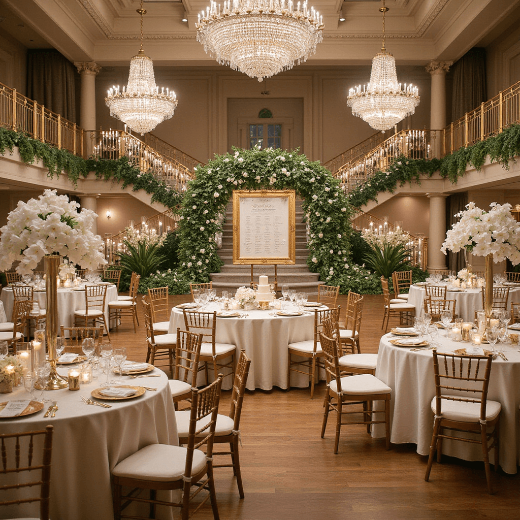 A luxurious indoor ballroom for a wedding reception, featuring crystal chandeliers, round tables with ivory linens, tall centerpieces of white orchids and calla lilies, gold charger plates, an ornate seating chart in a gold frame, a sweeping staircase decorated with greenery and candles, and a champagne tower beside a floral arch framing the dance floor.