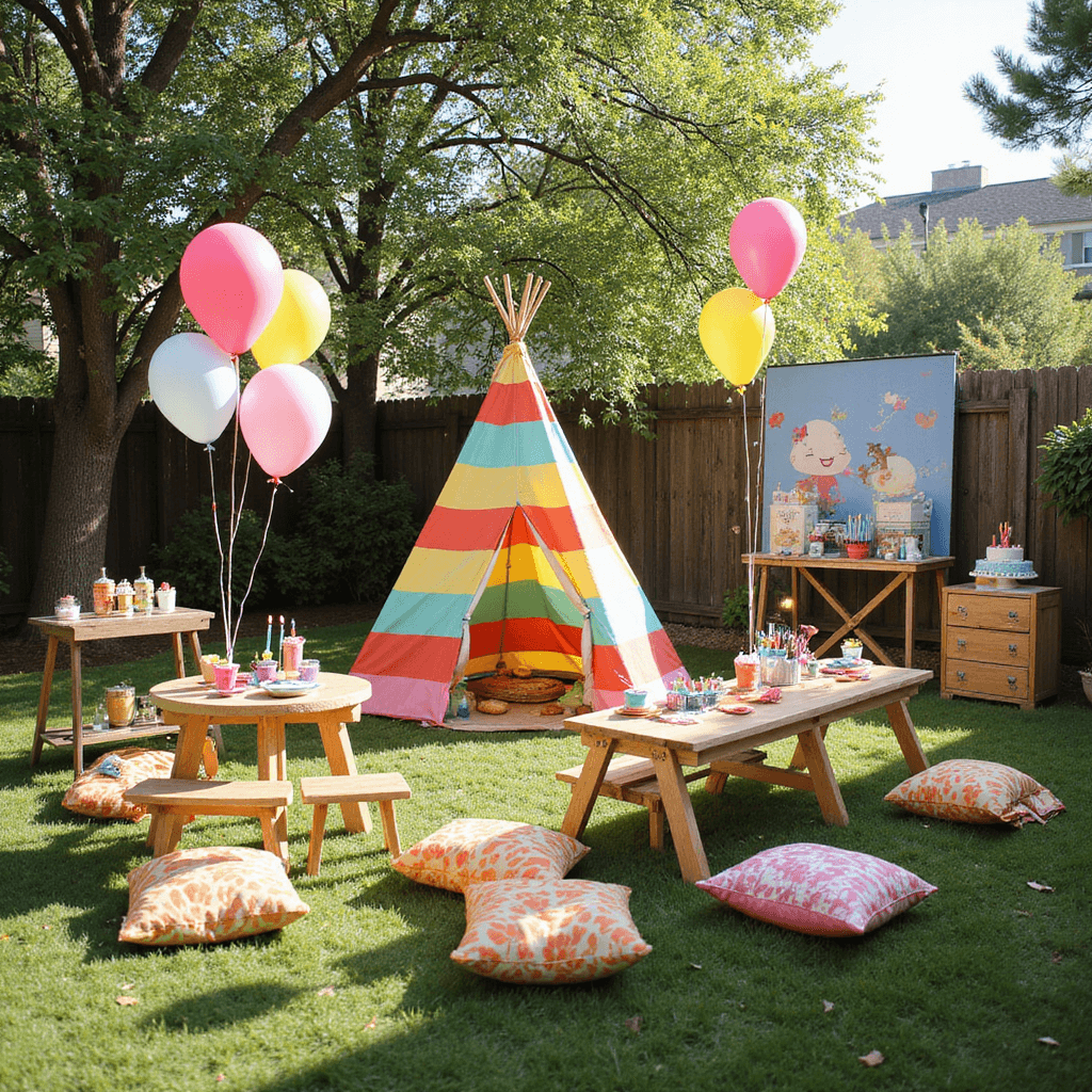 A whimsical children's birthday party in a sunny backyard featuring a colorful teepee, low picnic tables with miniature chairs, oversized balloons, a custom-painted backdrop of storybook characters, a dessert cart with a topsy-turvy cake, DIY activity stations, lawn games, and a pint-sized photo booth.