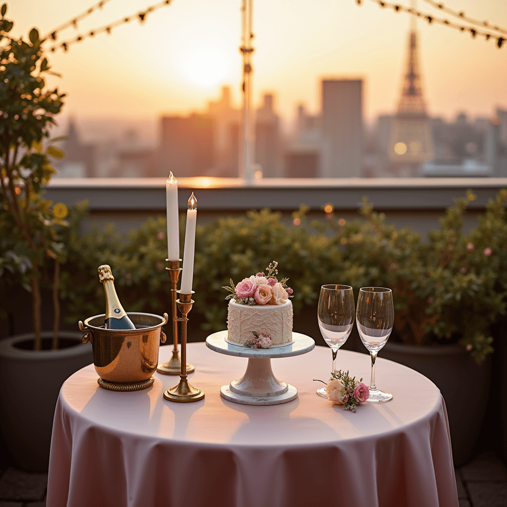 An intimate rooftop terrace at golden hour featuring a round table with a blush pink silk linen, a beautiful bento cake on a marble stand, delicate fresh flowers, vintage brass candle holders, a champagne bottle in an ice bucket, and crystal flutes, all set against a warm cityscape backdrop.