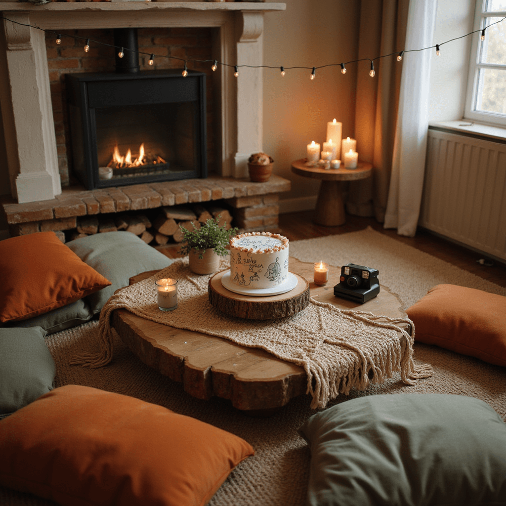A cozy living room set for an intimate anniversary celebration, featuring a low table with a macramé runner, surrounded by plush terracotta and sage floor cushions. A beautifully illustrated bento cake on a rustic wooden stand takes center stage, illuminated by soft candlelight from various pillar candles. A Polaroid camera sits nearby, while string lights overhead add a whimsical ambiance, capturing the warm and inviting atmosphere filled with personal touches.