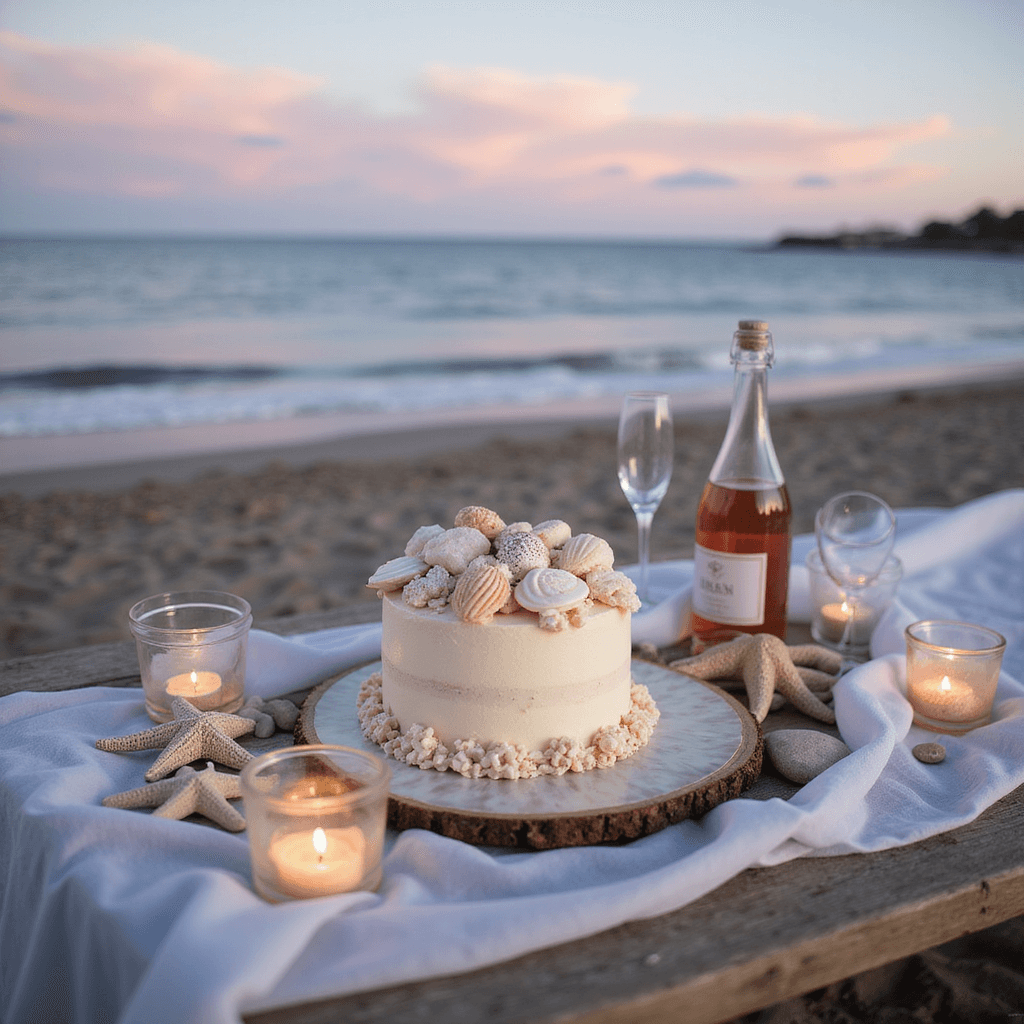 A romantic beachfront bento cake setup at twilight with a weathered wooden table, sheer draping fabric, a seashell-decorated cake on a mother-of-pearl plate, beach finds like starfish and pebbles, tealight candles, a bottle of rosé, and stemless glasses, all against a pastel sky and calm ocean waters.