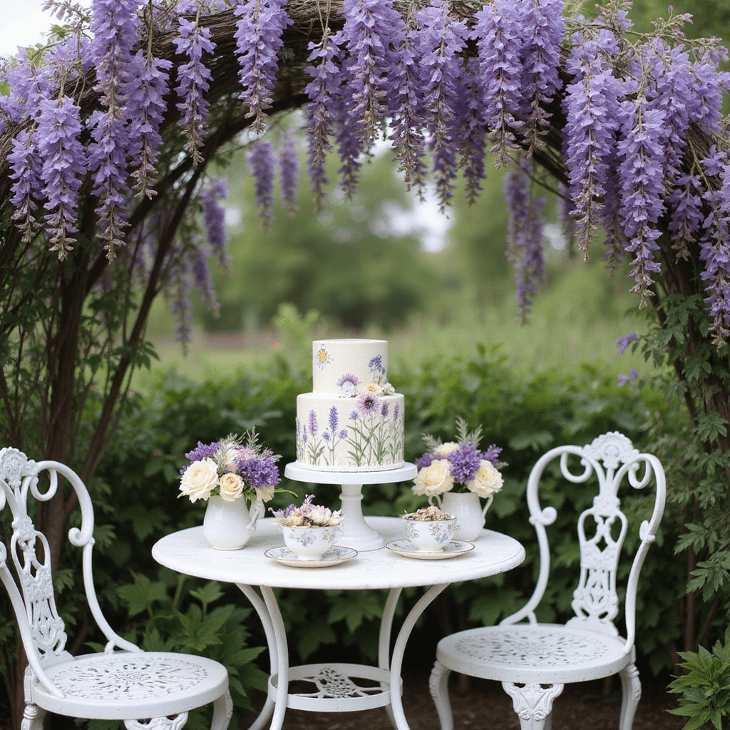 A whimsical anniversary celebration in a garden nook, featuring a vintage white wrought-iron bistro set under a wisteria arch, a hand-painted bento cake on a delicate stand, antique teacups filled with lavender and cream flowers, and soft tulle draping from tree branches, all captured from an elevated angle.