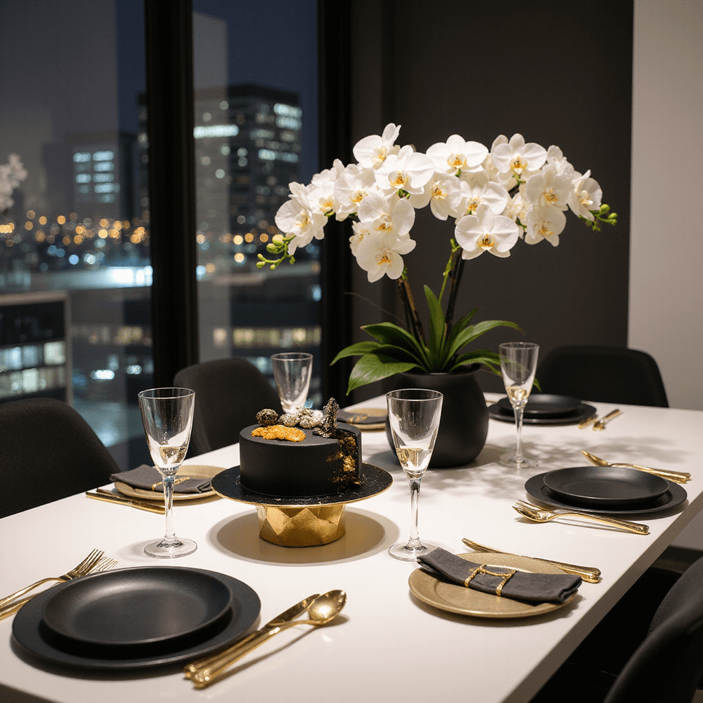A modern apartment dining setup for an anniversary celebration featuring a black and gold bento cake on a sleek white table, surrounded by black plates and gold cutlery, with a floral arrangement of white orchids and city lights visible through large windows.