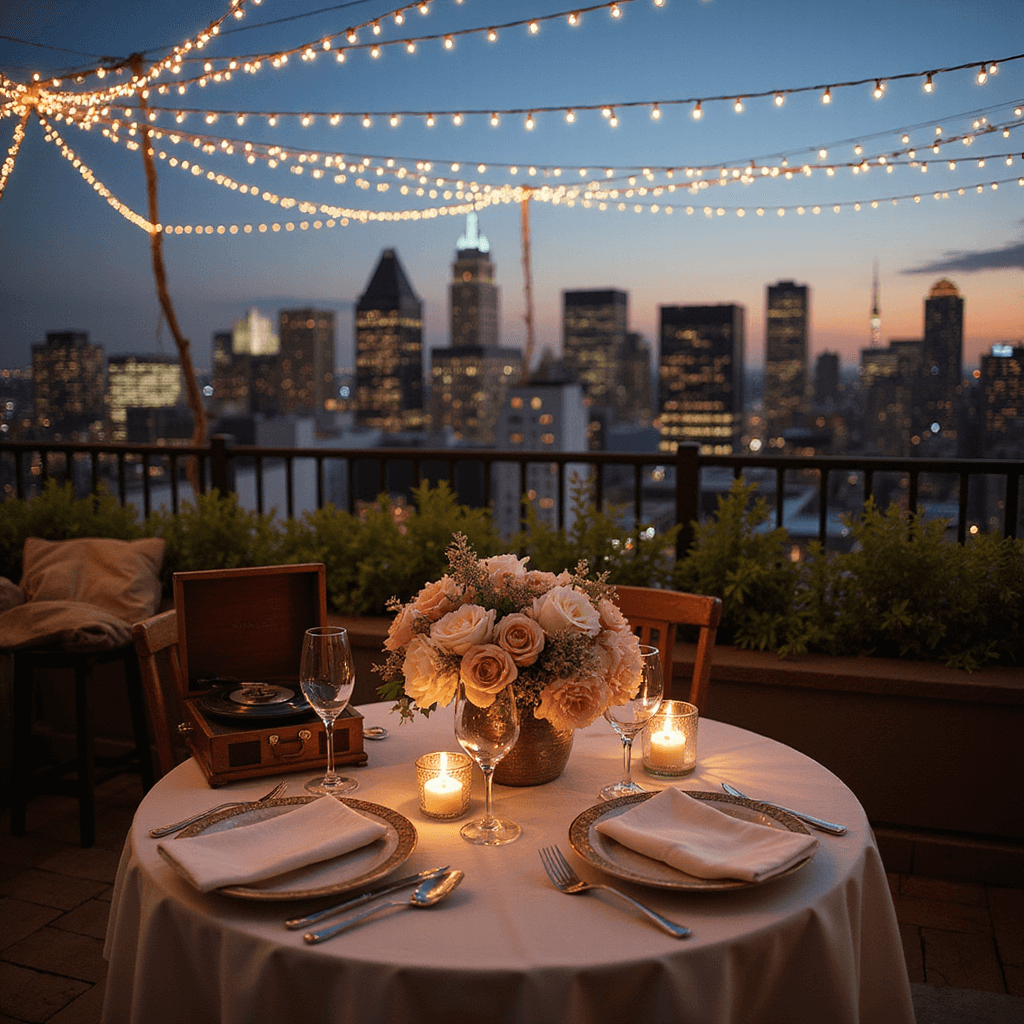 An elegant rooftop terrace at twilight overlooking a twinkling cityscape, featuring a romantic table for two with fine china and crystal stemware, a floral centerpiece of blush and ivory roses and peonies, warm fairy lights overhead, and a vintage record player playing softly, all set against a backdrop of shimmering city lights.