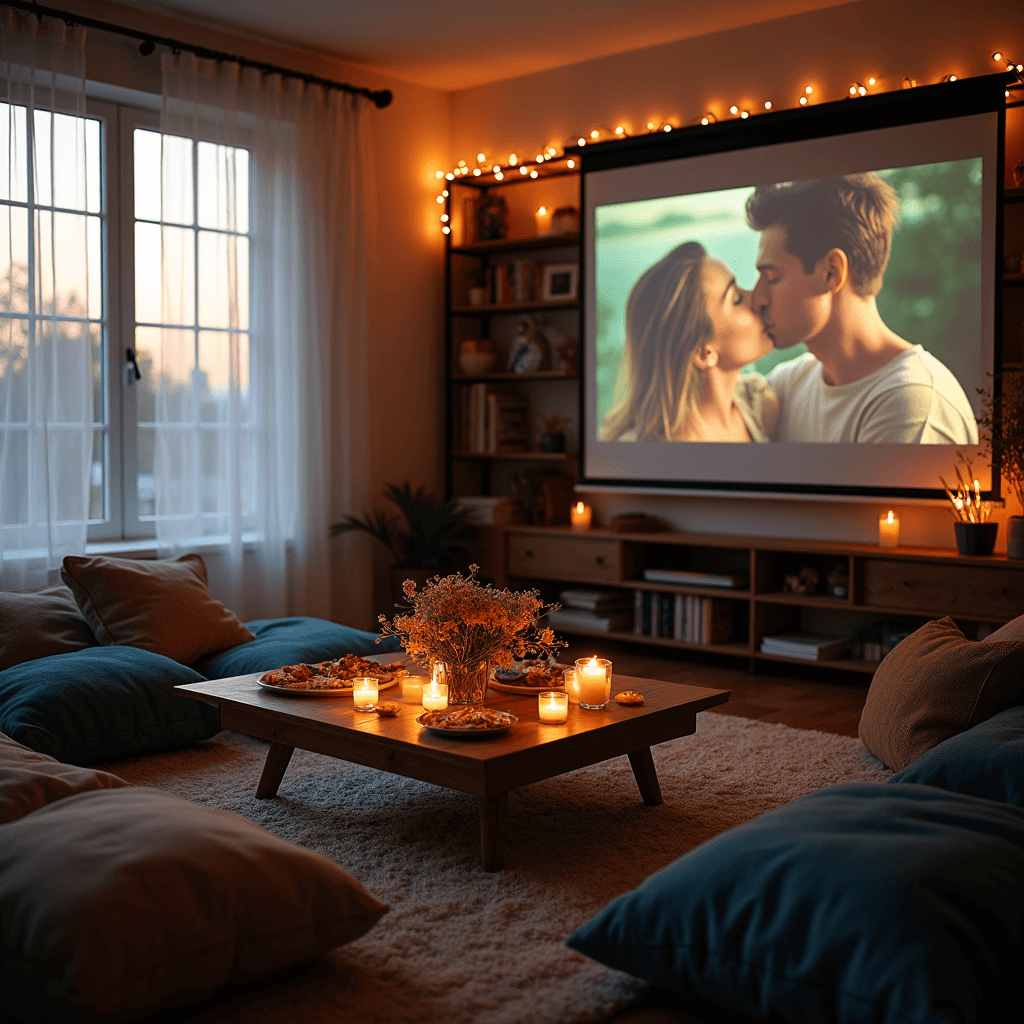 A cozy living room scene featuring a low coffee table with homemade tapas and tea lights, illuminated by soft evening light. Plush floor pillows in jewel tones are scattered on a rug, while a projector displays a romantic comedy title screen. Fairy lights adorn bookshelves, highlighting couple's photos, creating an intimate DIY date night atmosphere.