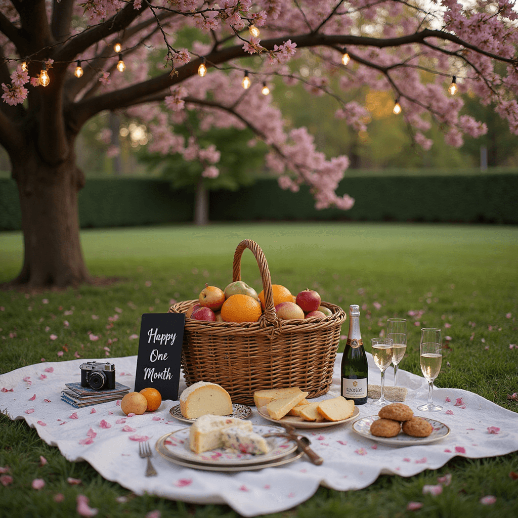 An intimate picnic setup in a lush garden at golden hour, featuring a vintage quilt under a cherry tree with rose petals, a wicker basket filled with cheeses and fruits, mismatched china plates, champagne flutes, a 'Happy One Month' chalkboard sign, fairy lights overhead, and a polaroid camera with photos.