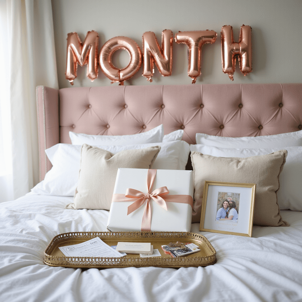 A cozy bedroom vignette featuring early morning light, a blush pink tufted velvet headboard, crisp white linens, and an ornate gold tray with a wrapped gift box tied with satin ribbon. Surrounding the gift box are ticket stubs, a handwritten note, and a framed selfie. Rose gold balloon letters spelling 'ONE MONTH' float above, casting shadows on the wall.