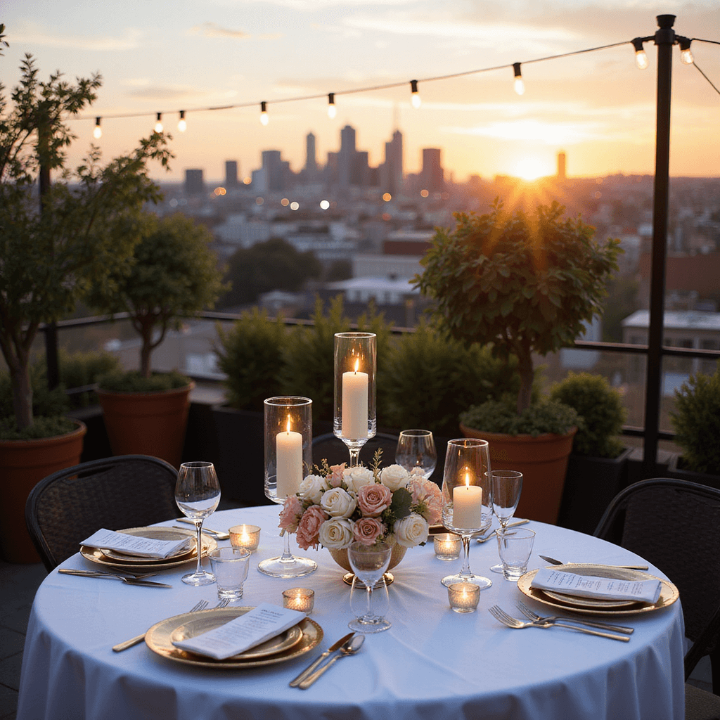 A romantic rooftop terrace set for an anniversary dinner, featuring a bistro table with white linen, taper candles, blush and cream roses, gold-rimmed china, crystal stemware, and personalized menus, all under string lights with a city skyline backdrop at sunset.