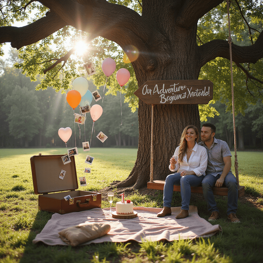 A whimsical forest scene showcasing a vintage suitcase overflowing with colorful balloons and a trail of polaroid photos. A couple sits on a rustic swing hung from an oak tree, surrounded by heart-shaped balloons. A hand-painted 'Our Adventure Begins' sign rests against the tree, while late afternoon sunlight filters through the leaves. Nearby, a picnic blanket features a small cake with a '1 month' topper and two glasses of champagne.