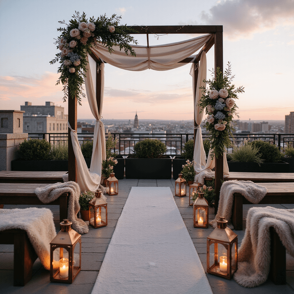 A romantic sunset wedding ceremony on a rooftop terrace features a modern pergola draped in ivory fabric, adorned with blush peonies and dusty blue delphinium. Wooden benches with faux fur throws face city views, illuminated by copper lanterns and fairy lights against a pastel sky.