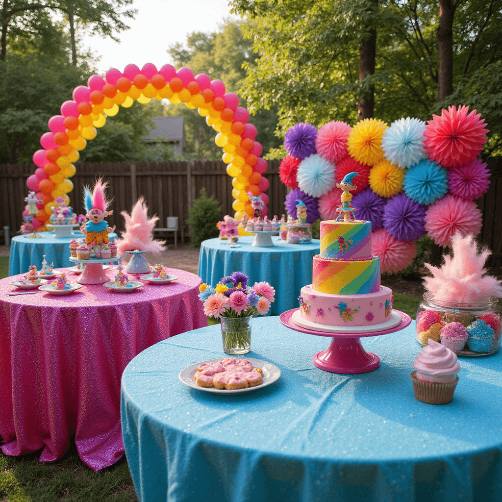 A vibrant Trolls-themed birthday party setup in a sunlit backyard featuring a grand rainbow balloon arch, colorful tables with glittery linens and character centerpieces, a dessert table with a tiered rainbow cake and Trolls cupcakes, whimsical tissue paper flower walls, and DIY Troll hair headbands.