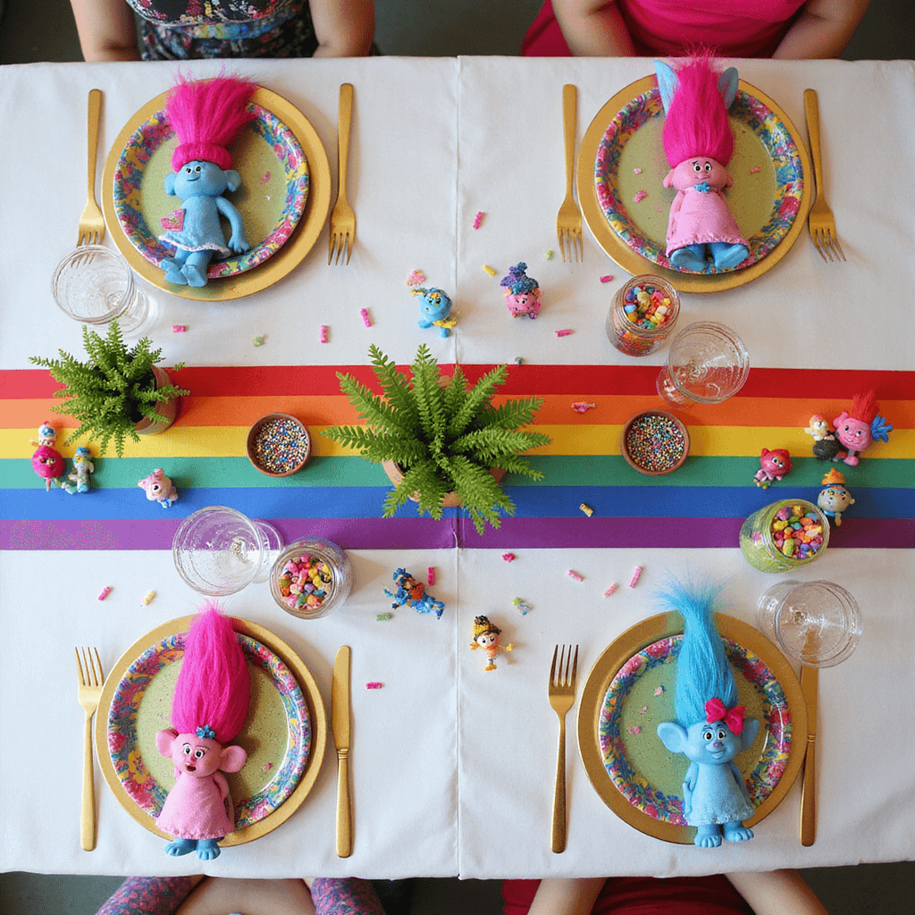 Overhead view of a Trolls-themed party table with a rainbow runner on a white tablecloth, character plates, rainbow napkins, glittery utensils, potted 'hair plants,' colorful candy jars, scattered confetti, and tiny Trolls figurines, all under soft, diffused lighting.