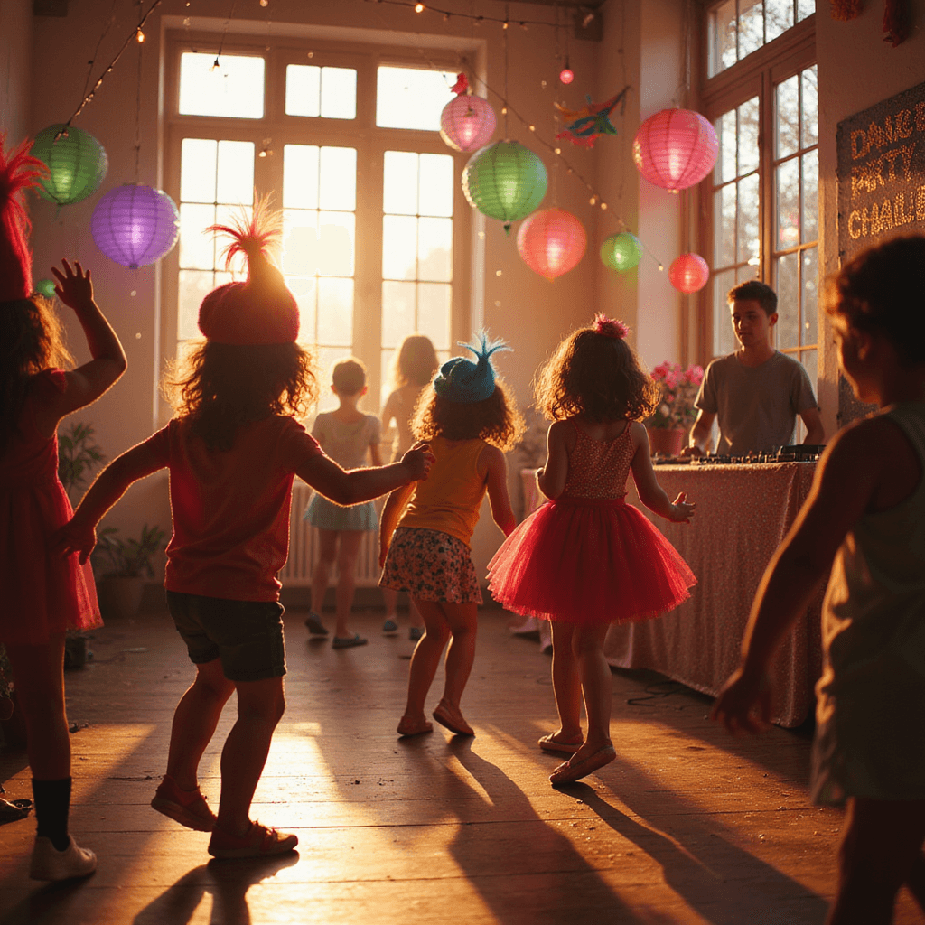 A vibrant scene of children dancing joyfully at a Trolls-themed party, wearing DIY Troll hair headbands, with fairy lights and colorful lanterns illuminating the area. A DJ booth with rainbow streamers and a 'Dance Party Challenge' sign is visible in the background, while the warm golden hour light enhances the festive atmosphere.