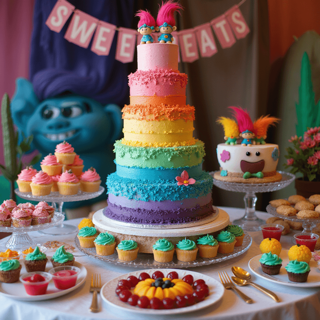 A vibrant Trolls-themed dessert table featuring a six-tiered ombre rainbow cake adorned with fondant characters and edible glitter, surrounded by themed cupcakes, rainbow Jello cups, and colorful fruit platters. Elegant crystal cake stands and gold accents enhance the display, with a whimsical 'Sweet Treats' banner above, all illuminated by soft lighting that highlights the desserts.