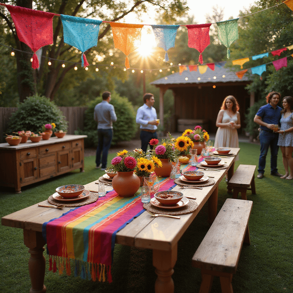 A vibrant outdoor Mexican fiesta at golden hour features a long wooden table with a colorful serape runner, mismatched ceramic plates, and terracotta vases of flowers. Papel picado banners and string lights hang overhead as guests enjoy tacos and margaritas in a lush garden setting.