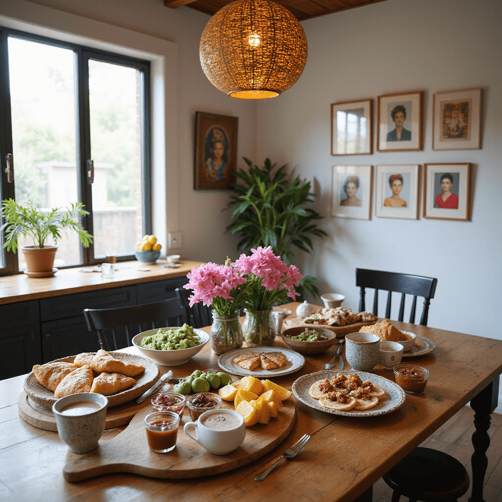 A cozy Mexican brunch setup on a kitchen island, featuring colorful dishes, sliced fruits, pastries, mini tacos, and bowls of salsa and guacamole, with vintage teacups of hot chocolate. Potted succulents and bougainvillea enhance the decor, while woven basket lights provide a warm glow, against a wall adorned with Frida Kahlo prints.