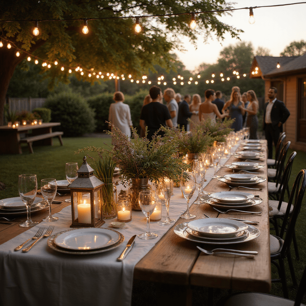 A warm twilight backyard dinner party featuring a long farmhouse table with mismatched vintage china and glassware, Edison bulb string lights overhead, lush greenery and wildflowers in repurposed jars, and guests mingling in the background.