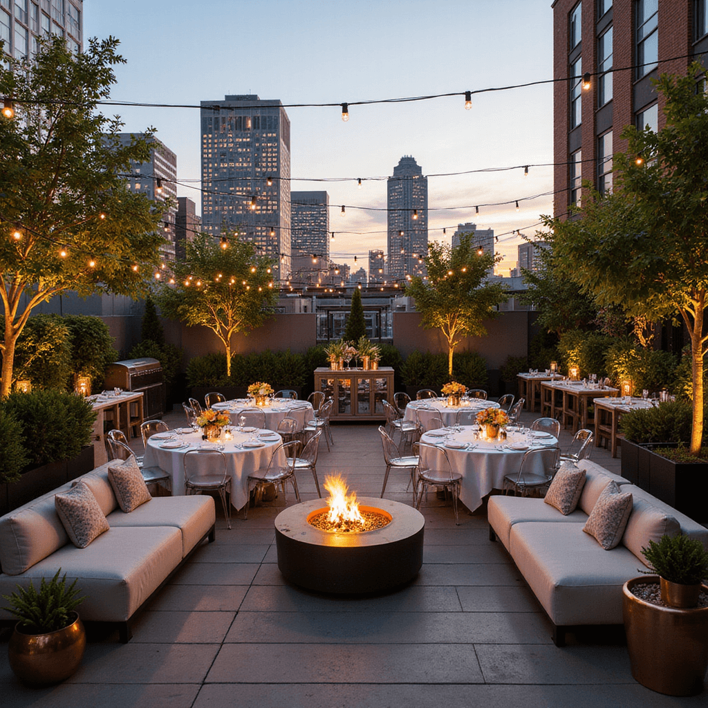 A stylish rooftop terrace set for a summer soirée, featuring low modular seating around fire pits, round tables with white linens and ghost chairs, tropical-themed centerpieces, market lights overhead, and a bar cart with cocktails, all against a city skyline at sunset.