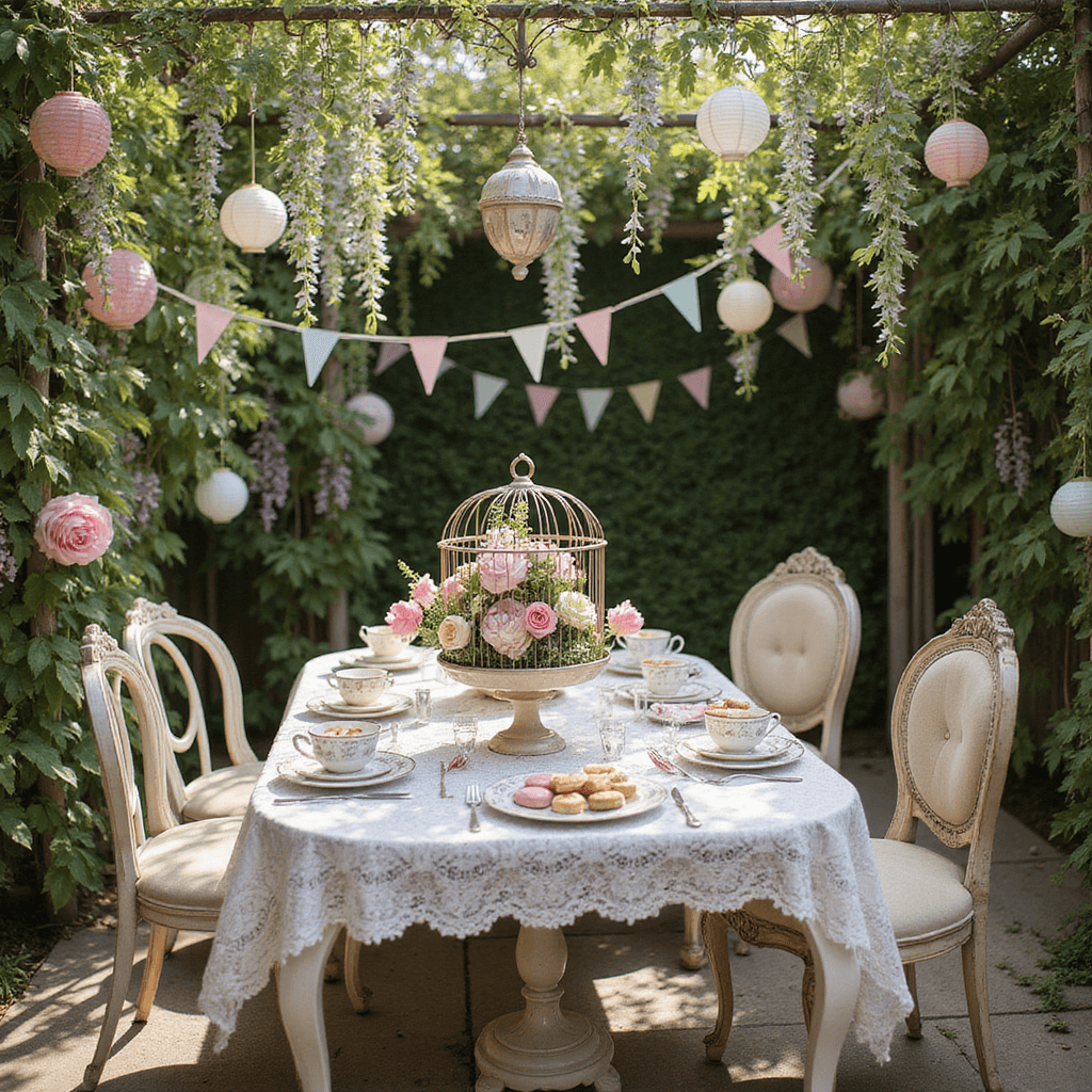 A whimsical garden tea party with mismatched vintage chairs, lace tablecloths, and patterned china teacups, featuring tiered cake stands of pastel macarons and tarts, surrounded by blooming rose bushes and wisteria, under fluttering paper lanterns and bunting, with a wrought-iron birdcage filled with peonies as a centerpiece.