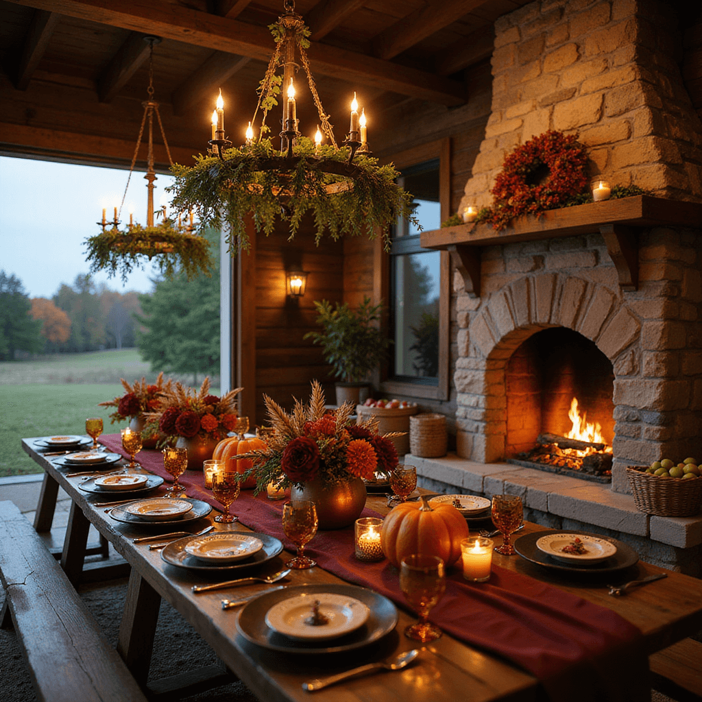 An autumnal harvest dinner in a rustic barn with wooden tables draped in burgundy runners, decorated with wheat sheaves, pumpkins, and dahlias, illuminated by amber votives and iron chandeliers, with a cozy fireplace in the background.
