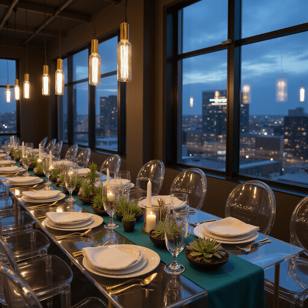 A modern minimalist celebration in a sleek loft features long acrylic tables set with white dinnerware, matte black accents, and gold cutlery. Geometric terrariums with air plants and succulents act as centerpieces, with taper candles in brass holders adding drama. Pendant lights create an interplay of light, while floor-to-ceiling windows showcase a city skyline at night, complemented by ghost chairs and teal table runners for a refined touch.