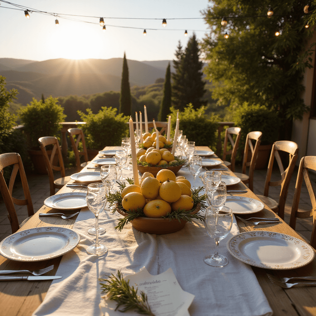A sunlit terrace of a Tuscan villa set for dinner with a long wooden table, mismatched vintage tableware, and a centerpiece of lemons and olive branches. Fairy lights illuminate the scene against a backdrop of rolling hills and cypress trees. A handwritten menu and fresh rosemary adorn the table.