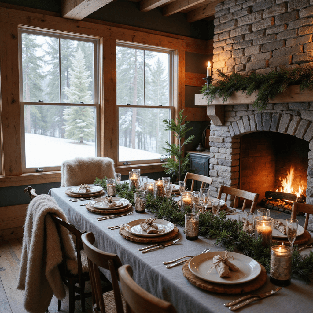 A cozy winter dinner party in a rustic cabin featuring a farmhouse table with grey linen, wooden chargers, white stoneware plates with evergreen accents, a pine garland centerpiece with mercury glass votives, and sheepskin throws on mismatched chairs, alongside a hot cocoa bar with copper mugs, all set against frosted windows showcasing snow-covered pines.