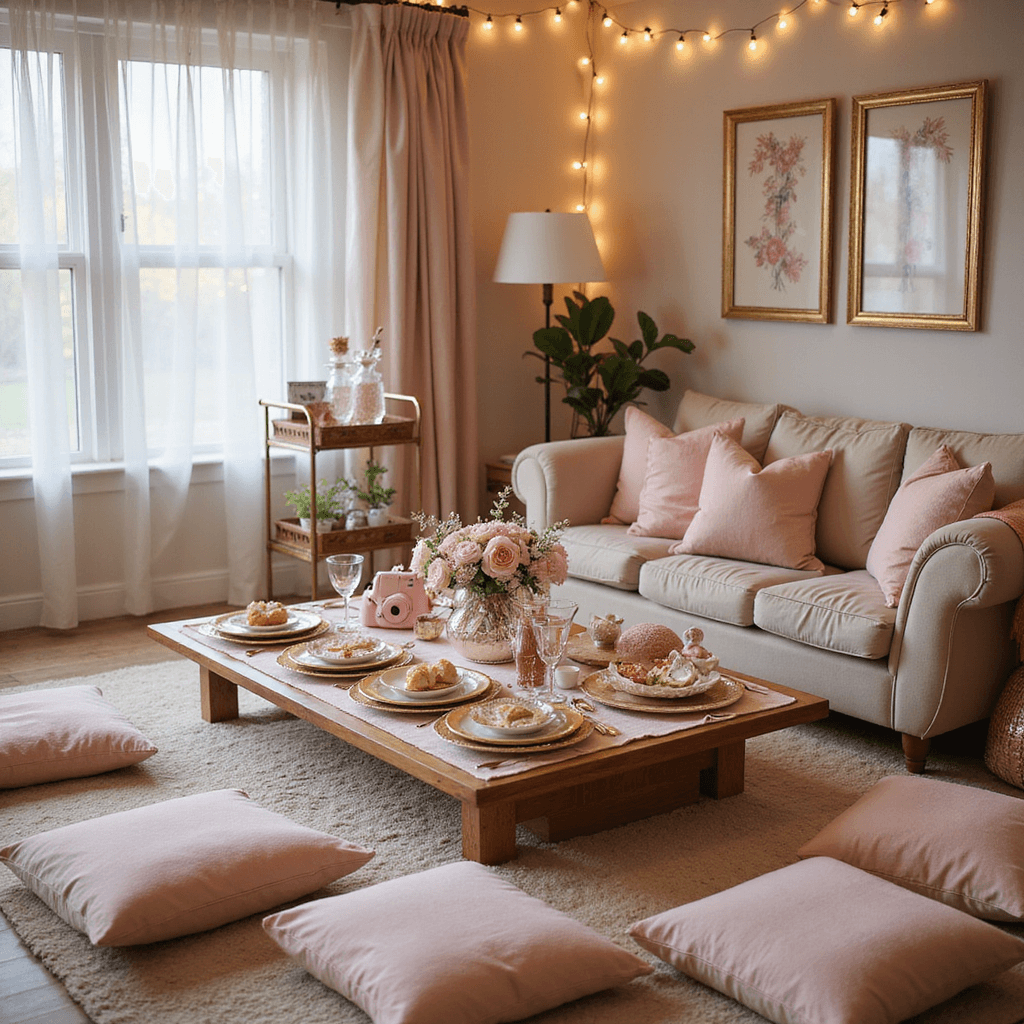 A cozy living room set for a Galentine's dinner party, featuring blush pink and gold decor, fairy lights overhead, a low coffee table with gold-rimmed plates and floral centerpieces, plush floor cushions, a DIY cocktail station on a bar cart, and heart-shaped desserts, all captured from an elevated angle.