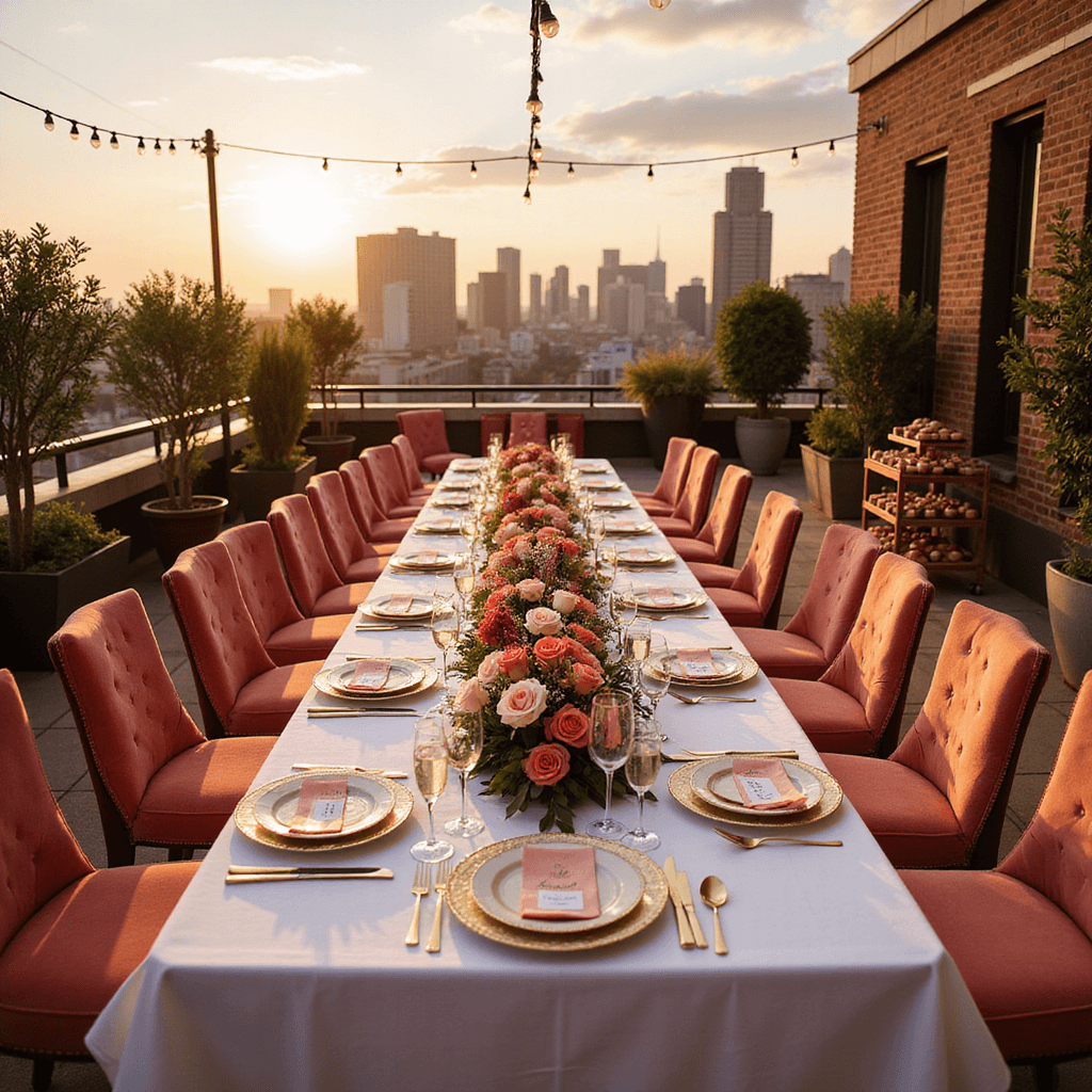 An elegant rooftop terrace set for a luxurious Galentine's celebration, featuring a long table with a white linen drape, coral and blush roses, gold cutlery, champagne flutes, delicate china with name cards, plush coral velvet chairs, string lights overhead, and a dessert cart with macarons and chocolate-dipped strawberries, framed by potted olive trees and an urban skyline view.