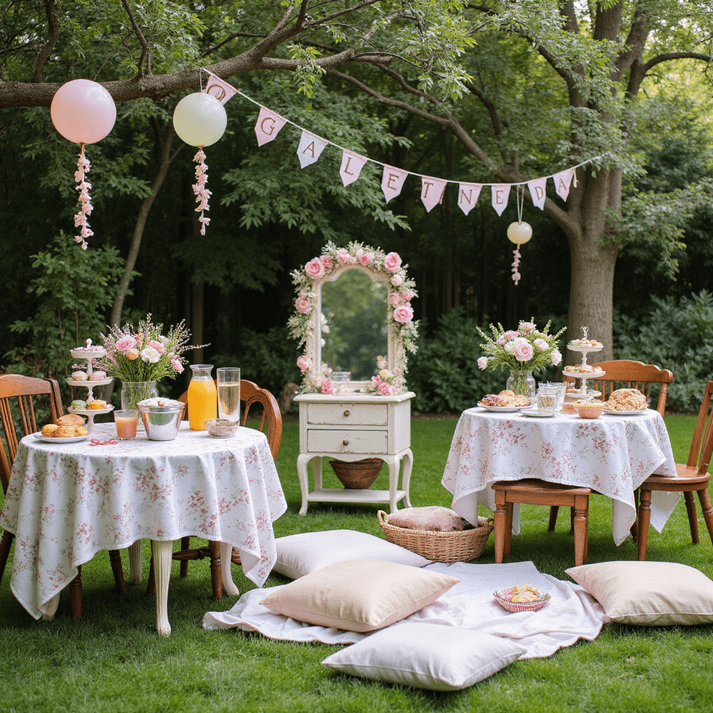 A whimsical daytime Galentine's brunch setup in a lush garden, featuring mismatched vintage tables with floral tablecloths, a build-your-own mimosa bar, tiered cake stands of colorful treats, and a cozy lounging area with throw pillows, all under pastel balloons and a floral photo booth banner.